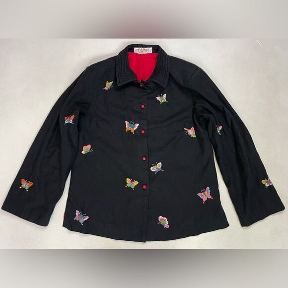 VINTAGE Duc Loi Silk Linen All Over Butterfly Linen Jacket Women Medium Black - Picture 1 of 11